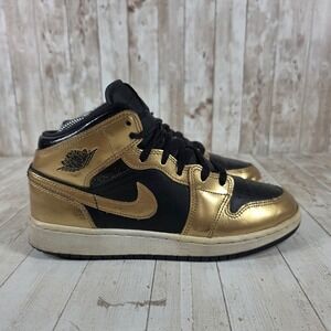 Kids Air Jordan 1 Mid Gold Black Basketball Sneakers Shoes‎ Size 6.5Y
